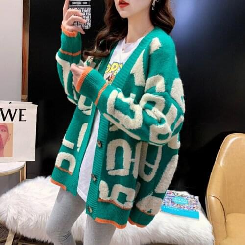 Autumn And Winter Warm Fashion Cardigan Sweater Women V-Neck Long-Sleeved Letter Embroidery Oversized Female Harajuku Sweater