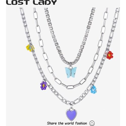 Lost Lady New Fashion Letter Three-layer Chain Butterfly Flowers Pendant Necklace Romantic Women Lock Alloy Jewelry Gifts Party
