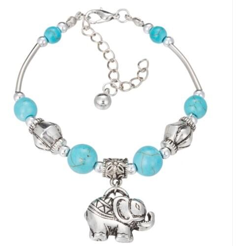 Silver Plated Link Chain Elephant with Green Turquoises Stone Bracelet Fashion Animal Jewelry