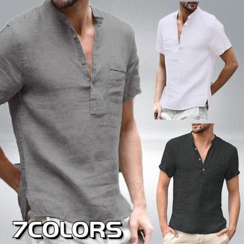 New Summer and Spring Men Fashion Cotton Short Sleeve Shirts Stand Collar Solid Color Buttons Blouse Casual Slim Fit Tops