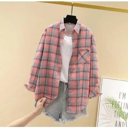 Plaid Women Shirts Summer New 2021 Loose Oversized 4XL 5XL Vintage Pocket All Match Female Blouse Outwear Tops