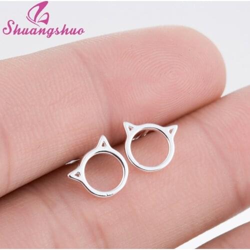 Shuangshuo New Arrival Cute Cat Ear Shape Stud Earrings for Women Animal Hollow Cat Ear Earrings Female Valentines Day Gift