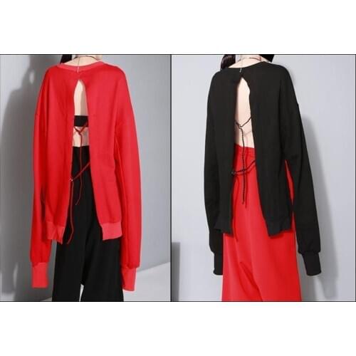 Womens Pink Drop Shoulder Slit Tie Cut Out Back High Low Sweatshirt / Black Tie Back / Fleece Cotton Oversized Overlong Pullove