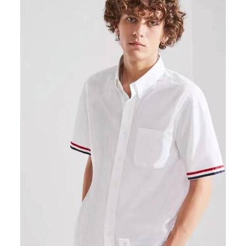 TB THOM Brand Men Cotton Short Shirt Casual Fashion Summer Stripe Short Sleeve Oxford Fabric Korean Design Top High Quality