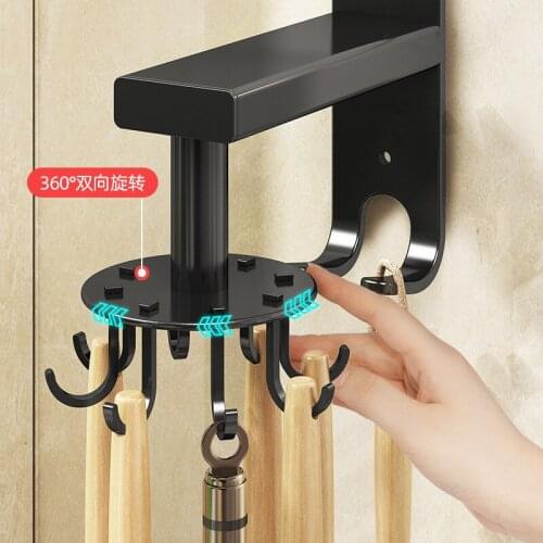 Black Aluminum 8 Hooks Rotation Kitchen Holder Multifunction Adjustable Punch-free Storage Rack Bathroom Hanger Organizer Shelf