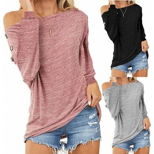 WomenS Pullover Autumn Fashion All-Match Simple And Loose One-Word Strapless Button Long-Sleeved T-Shirt Top толстовка женска