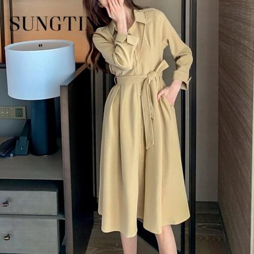 Sungtin Vintage A Line Dress Women with Belt Long Sleeve Single Breasted Loose Black Dresses Casual Solid Elegant Party Vestido