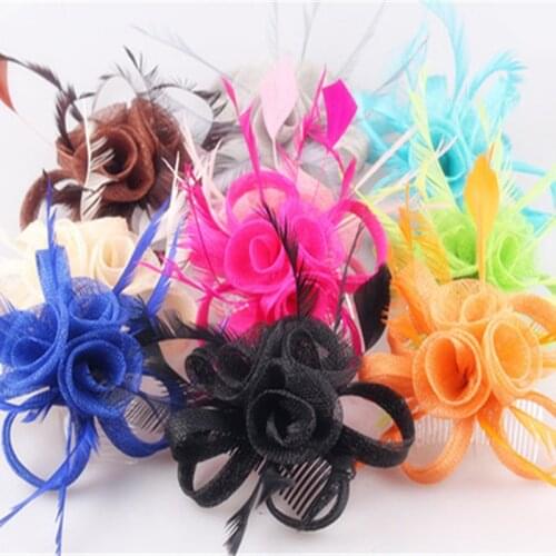 21Colors Fashion Wedding Feather Headdress Sinamay Small Roses Fascinators Hair Combs Elegant Women Church Party Accessories