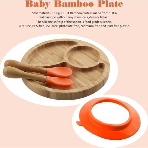 3pcs / set Baby Feeding Dinner Plate Feeding Tableware With Silicone Suction Cup Wooden Spoon Children Goods