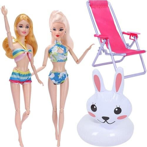 Doll Accessories 4 Items= 2x Swimwear Bkini + 1x Beach Chair + 1x Inflatable Swim Ring Clothes for Bjd Barbies Doll Kids Toy Set