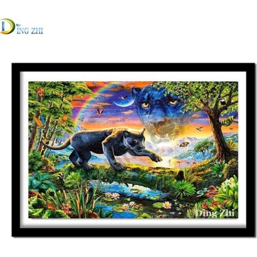 5D DIY Handmade Full Drill Rainbow Forest Animal Black Leopard Diamond Painting Cross Stitch Kits Mosaic Embroidery Home Decor