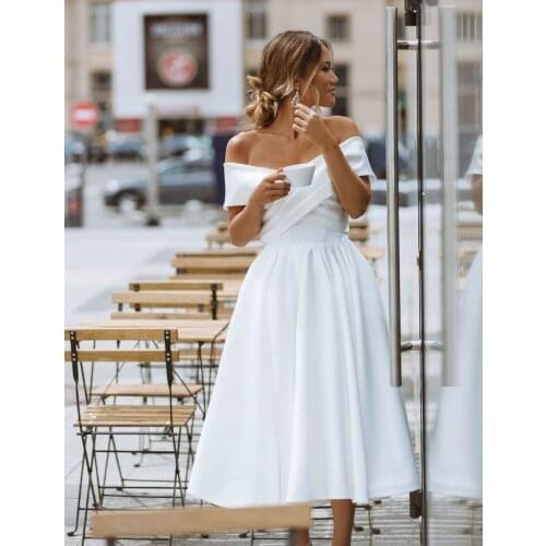 Off Shoulder Satin Wedding Dress Tea Length Simple Soft Satin Lace Up Dance Party Bridesmaid Bridal Gown Cheap Off White