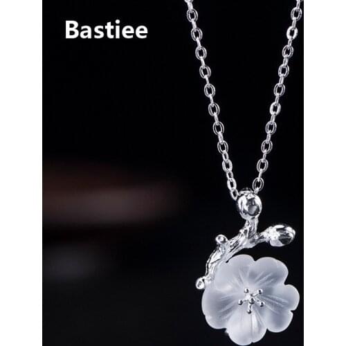 Bastiee 925 Sterling Silver Jewelry For Women Crystal Necklace Pendant Vintage Link Chain Plum Blossom Flower China Accessories