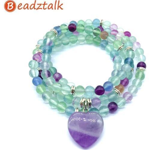 Beadztalk Natural Stone Beads Bracelets 74 cm Mala Yoga Necklace With Heart Charm Fluorite Jaspers etc Drop Shipping