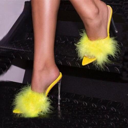 Summer Sexy Pointed Toe Furry Slippers ladies Sandals Fashion Design Clear Perspex Heels Women Mules Shoes Fluffy Slides