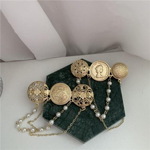 New Head Portrait Pins Brooch Fashion Long Chain Tassel Pearl Charm Pendant Round Brooches For Women Exquisite Jewelry