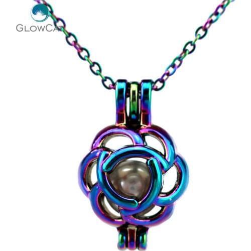 C215 Rainbow Color 23mm Plant Flower bead cage Necklace Pendant Aroma Essential Oil Diffuser Locket Necklace