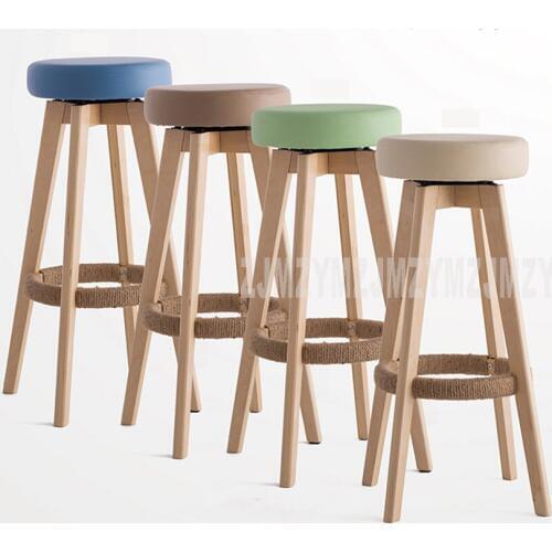 Wooden Swivel Bar Stools Modern Natural Finish Round PU Leather Sponge Soft Seat Backless Commerical Bar Furniture 74cm Height