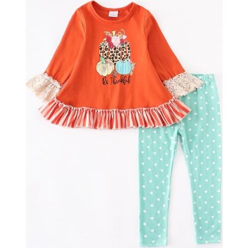 Girlymax Baby Girls Leopard Pumpkin Be Thankful Romper Toddler Pants Ruffles Set Boutique Sisters Wear Kids Clothing