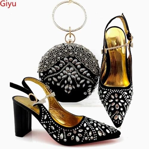 Doershow Shoes and Bag Set African Sets 2019 black Color Italian Shoe Bag Set Decorated with Rhinestone High Quality! SYG1-2