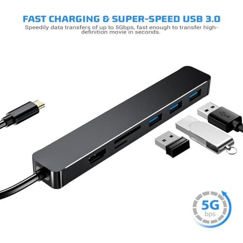 7-in-1 Docking Station Type-c Interface To Hdmi-compatible＆VGA＆Super-speed USB.3.0*3 Port＆Micro-SD Card Fast Charging