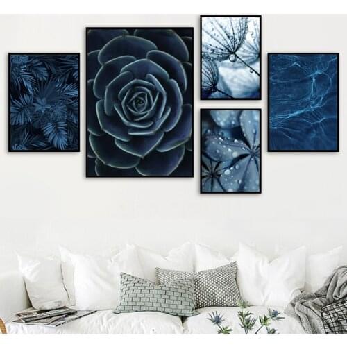 Blue Dandelion Succulents Monstera Leaves Wall Art, Canvas Painting, Nordic Posters and Prints, Living Room Decor Customizable