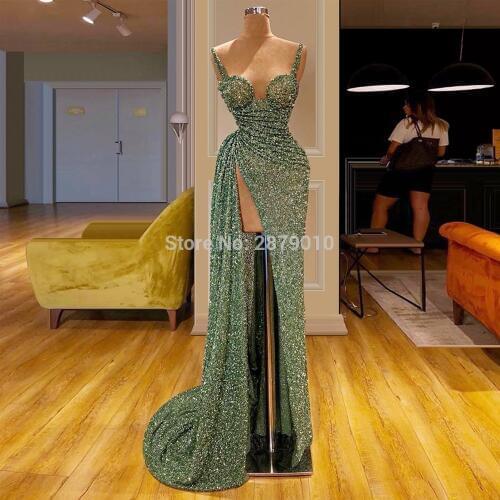 Haute Coutur 2019 Sweatheart Mint Sheath Long Evening Dress Metal Spraying Full-length Prom Dress Slit Formal Dress Zipper