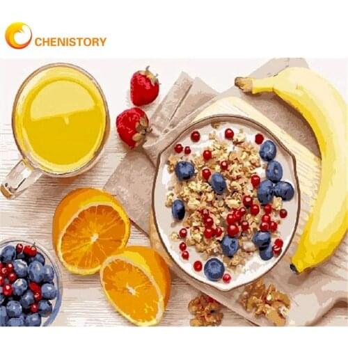 CHENISTORY Cake Fruit On Table Scenery Painting By Numbers For Adults Handmade 40x50cm Framed Home Decoration Wall Art Photo