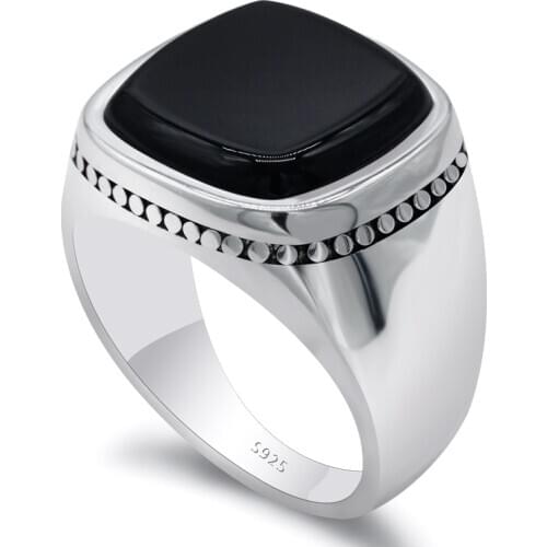 925 Sterling Silver Black Signet Ring For Men Square Agate Aqeeq Rings Turkish Mens Fashion Jewelry Wedding Anniversary Gift