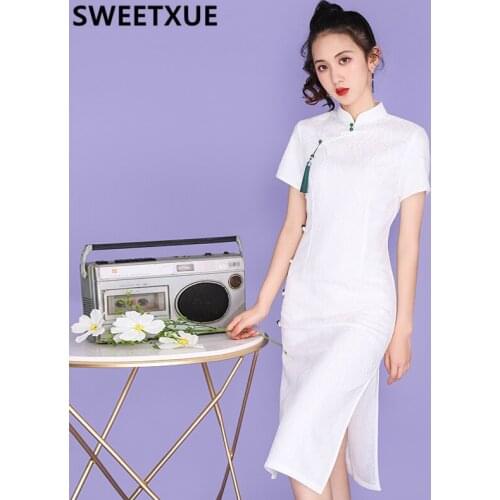 SWEETXUE Summer Women Cheongsam White Everyday Young Girl Lace Fringe Decoration Elegant Temperament Dress Vestidos