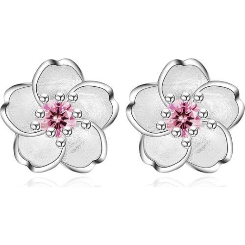 Cute 925 Sterling Silver Cherry Blossoms Flower Set Pink CZ Stud Earrings For Women Girls Kids Jewelry Orecchini Aros Aretes