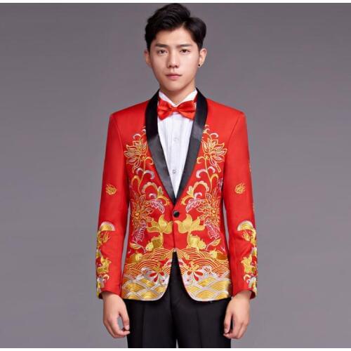 Chorus Chinese style suits for men blazer boys prom mariage suits fashion slim embroidery masculino latest coat designs red