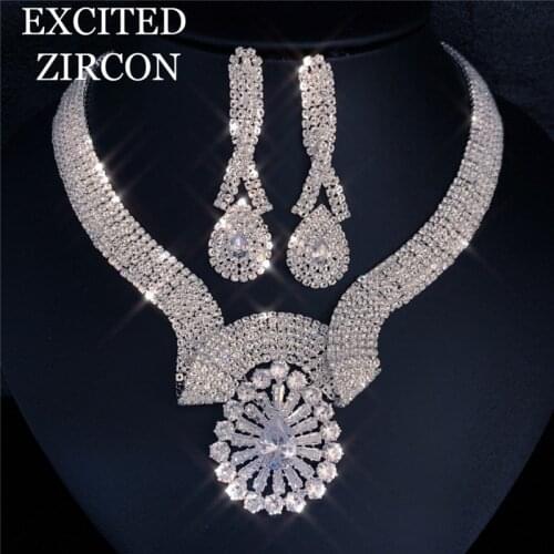 Water drop zircon necklace earring jewelry set fashion luxury wedding bride bridesmaid exquisite jewelry gift for woman