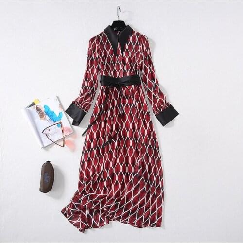 American New European and womens dresses for spring 2021 Long sleeve lapel Geometry of the printing Fashion belt dress