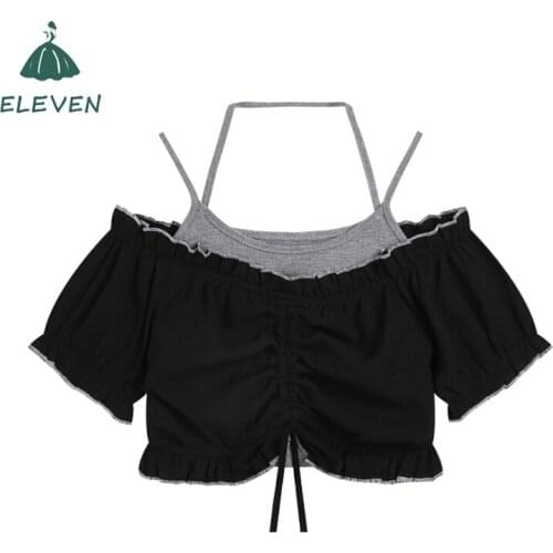 New Fashion Sling Top Two-Piece Suit Harajuku Female Summer Bubble Sleeve Hot Girl Short T-shirt Sexy Suit