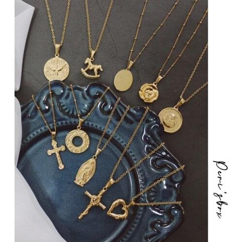 PerisBox 9 Designs Titanium Steel Cross Necklace Round Coin Love Heart Sweater Chain Necklaces for Women Saint Vintage Necklace