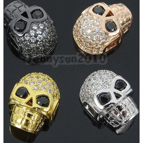 Clear Zircon Gems Stones Pave Horizontal Drilled Skull Bracelet Connector Charm Beads Silver Gold Rose Gold Gunmetal 10Pcs/Pack