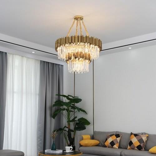 Living Room Luxury Gold Steel K9 Crystal Chandeliers Large Round Luminarias Hanging Lamp Led Indoor Lighting Lamparas Fixture