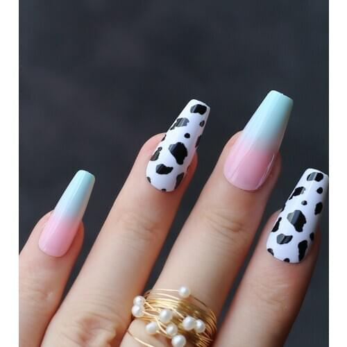 Pink blue ombre French cow print gel false nails 24pcs Acrylic design nails Black dalmatian Cute summer fake nail