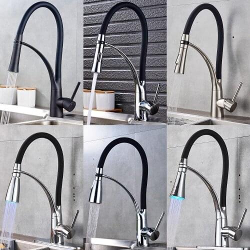 Vidric Black LED ORB Kitchen Faucet Pull-out Sprayer 360 Rotation Single Handle Mixer Tap Sink Faucet Black Rubber Faucets