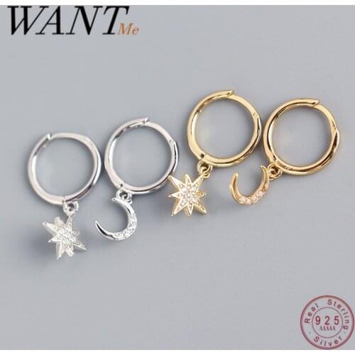 WANTME Fashion Korean Genuine 925 Sterling Silver Creative Asymmetric Star Moon Ear Stud Earrings for Women Punk Rock Jewelry