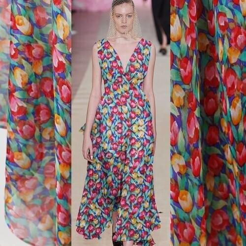 Red Raspberry Tulip Flowers Printed Silk Chiffon 100%Silk Garment Materials Summer Women Dress Sewing Cloth Tailor Freeshipping