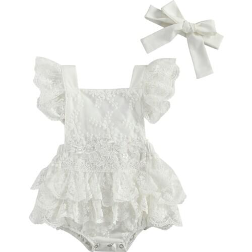 2021 0-24M Cute Summer Infant Baby Girl Playsuit Flower Lace White Solid Square Collar Fly Sleeve Romper 2pcs For Birthday Party