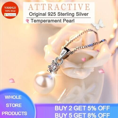 YANHUI 2021 NEW High Quality Fashion Rhinestone Crystal Pearl Necklace Women Sweater Patry Pendant Necklace Silver 925 Jewelry
