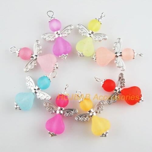 8 New Angel Charms Silver Plated Mixed Frosting Acrylic Heart Pendants 21.5x33mm