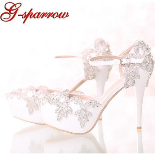 New Design White Bridal Wedding Dress Shoes with Ankle Straps Crystal Bride Shoes Platform Prom Party Pumps Summer Sandals