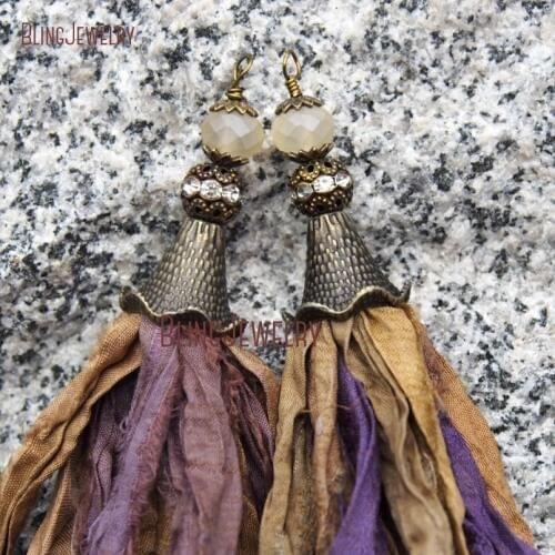Fallen Leaf Sari Silk Tassel Pendant Antique Bronze Cap and Matte Crystal Accent PM9149