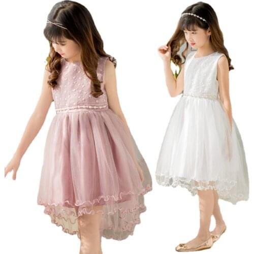 Princess Party Wedding Holiday for Girls Elegant Bow Beading Flower Waist Decoration Kids Dress Pink White Sleeveless Clothing
