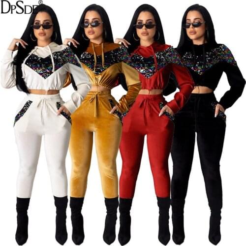 DPSDE Black Sequined Streetwear Two Pieces Women Set Autumn Full Sleeve Casual Crop Red Top New 2020 Bodycon Long Yellow Pants