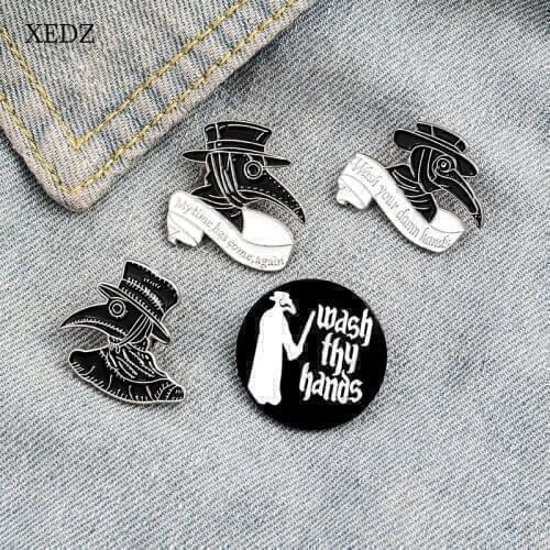 XEDZ Cartoon horror black gentleman Mr. Woodpecker WASH YOUR HANDS enamel character brooch Halloween denim pendant jewelry gift